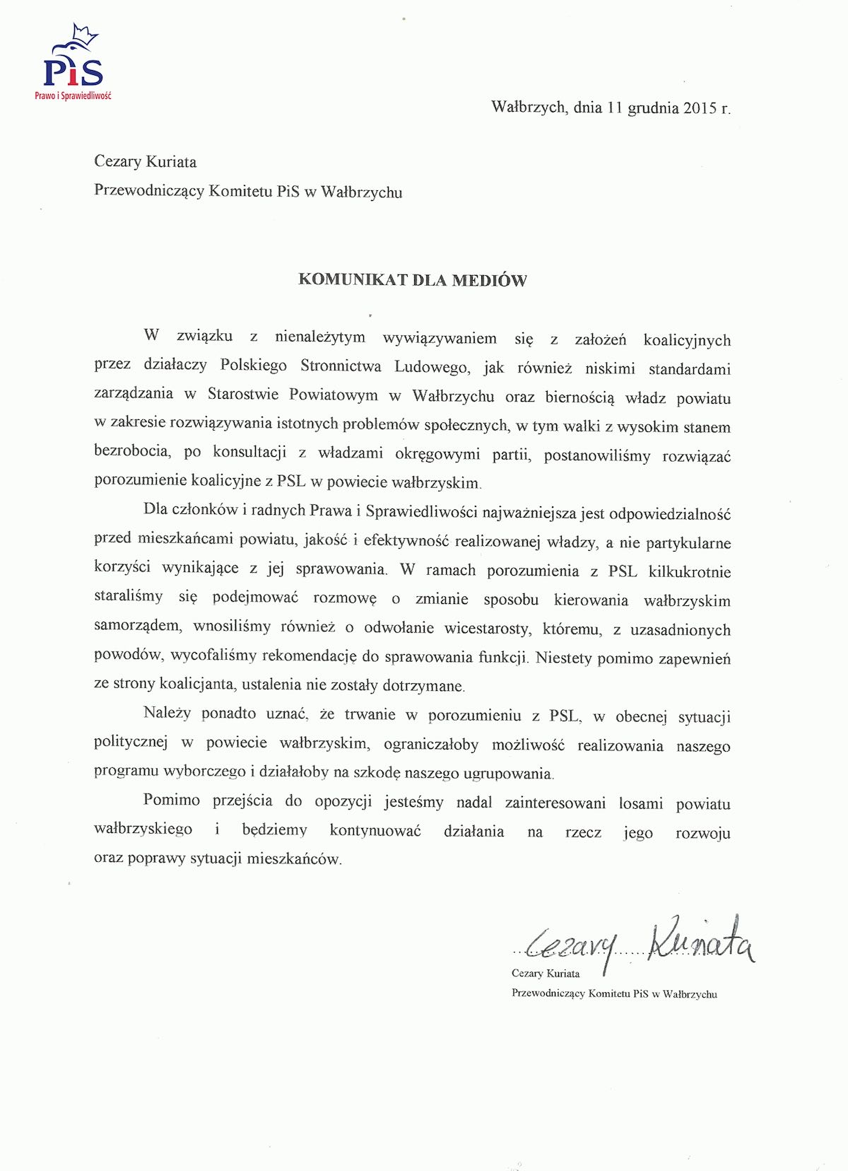 Wałbrzych, 12.12.2015 List z biura PiS w sprawie wypowiedzenia umowy koalicyjnej w Powiecie Wałbrzyskim