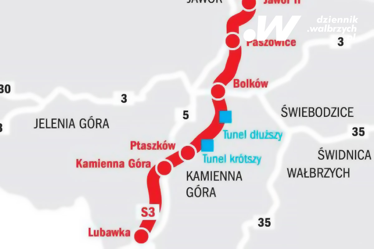 Mapa przebiegu dolnośląskiego odcinka drogi ekspresowej S3