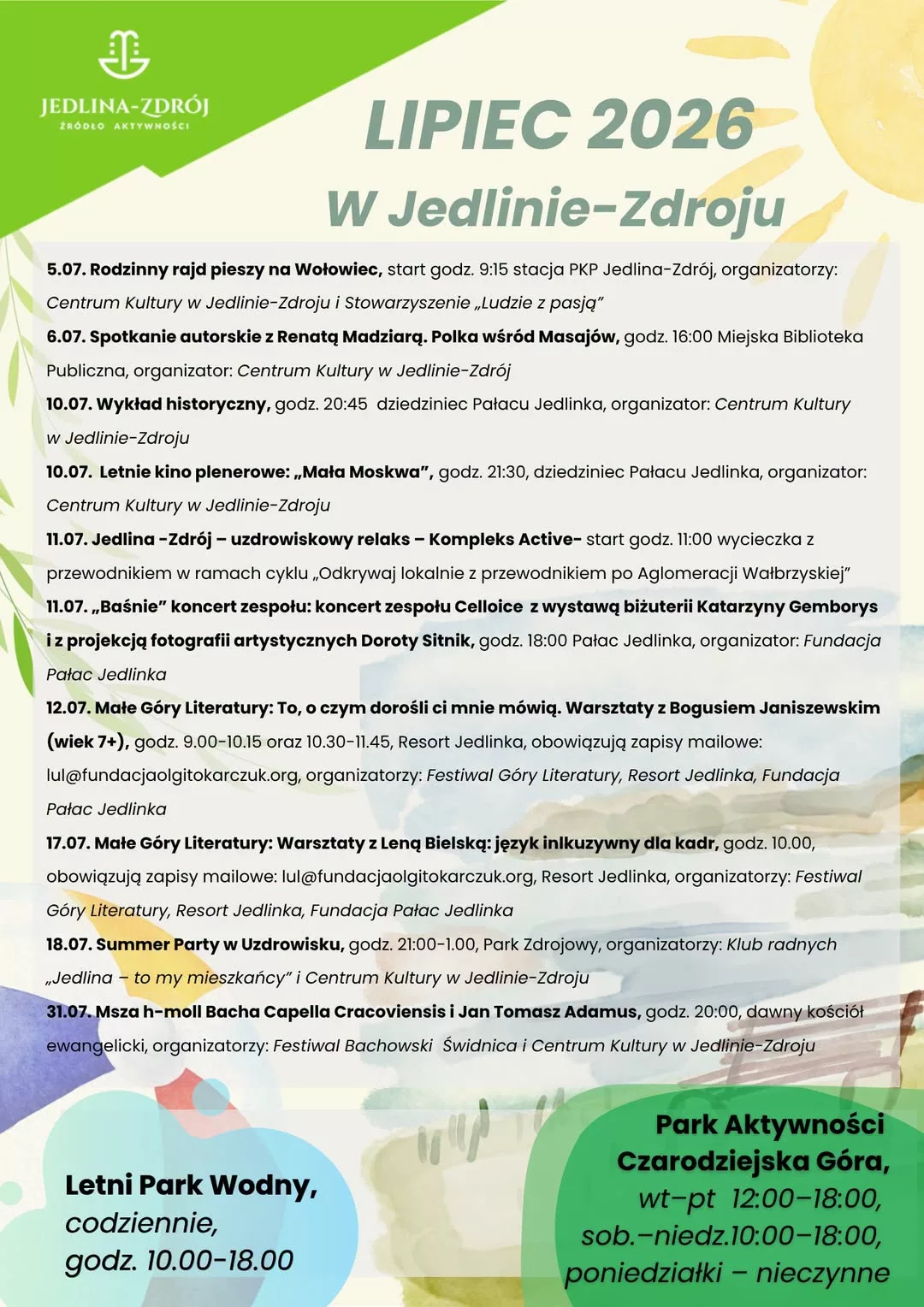 Lipiec pełen atrakcji w Jedlinie-Zdroju. Rajdy, koncerty, kino pod gwiazdami i wydarzenia literackie