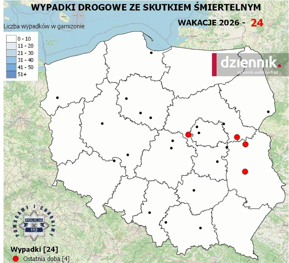 Policyjna mapa śmiertelnych wypadków wróciła na wakacje. Każdy punkt oznacza ludzką tragedię
